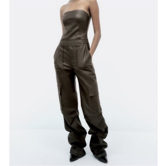 Zara Faux Leather Strapless Cargo Wide Leg Jumpsuit Brown Overalls Romper Small - Picture 4 of 15